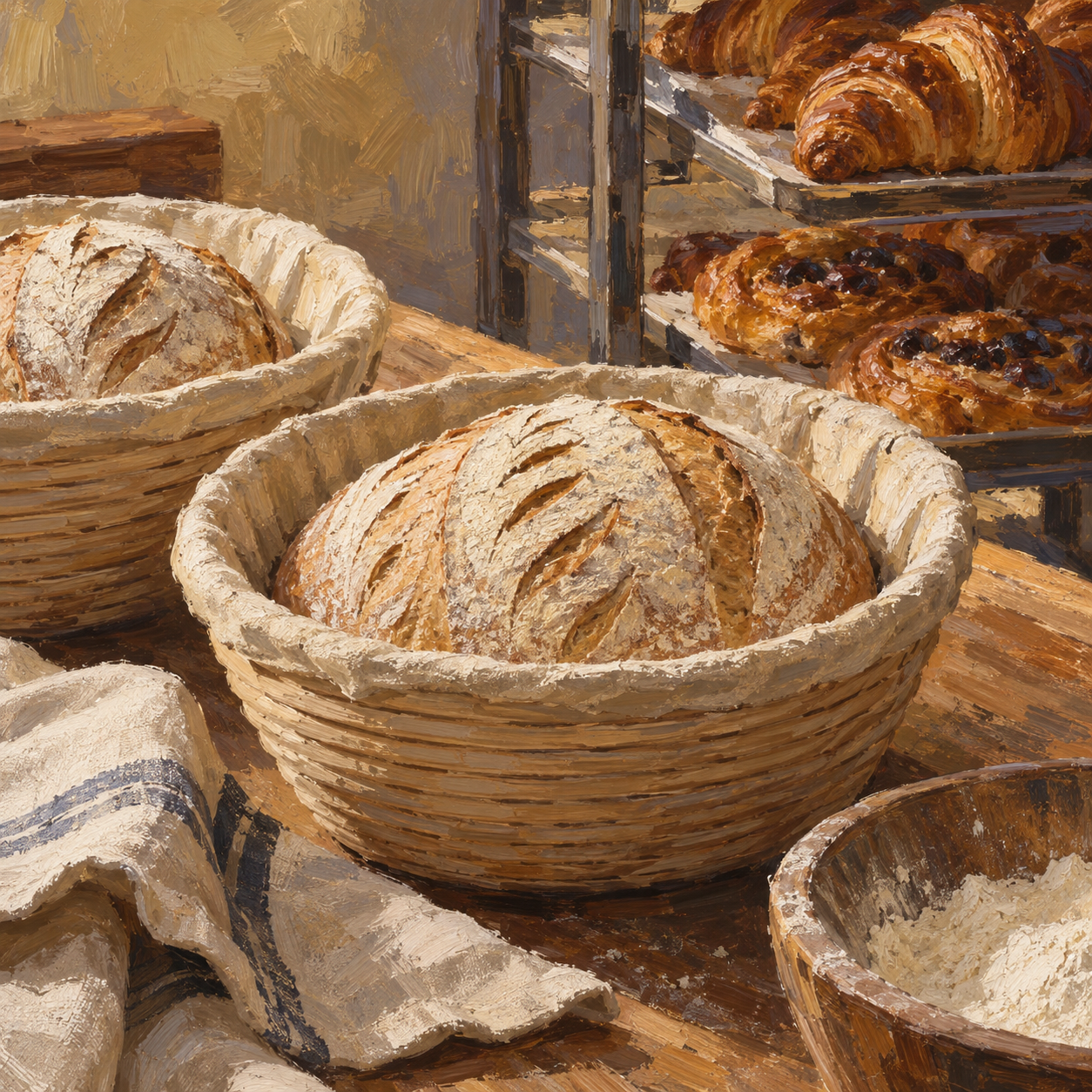 Illustration of artisan bakery: proofing baskets, scored sourdough, a rack of cooling pastries