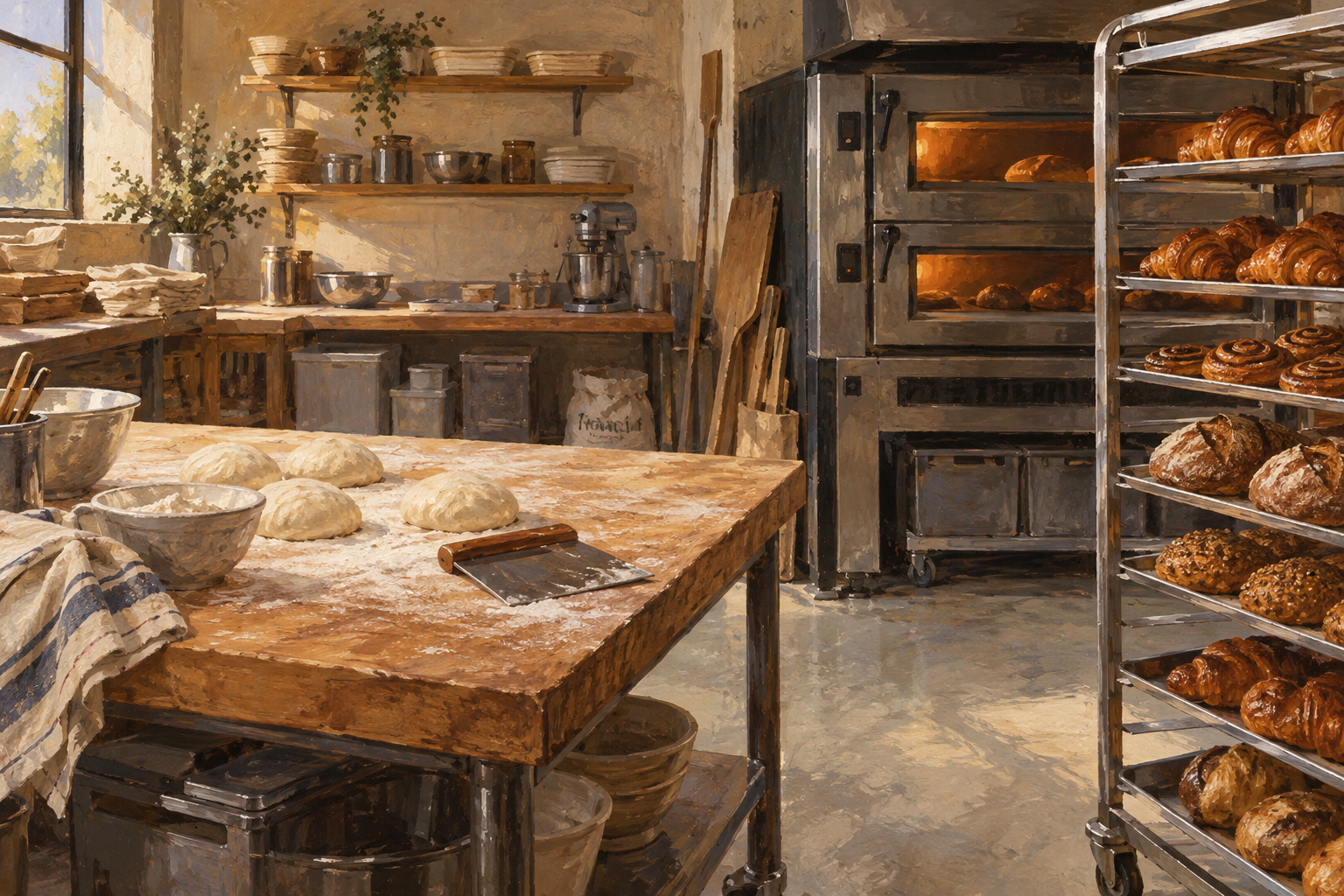 Illustration of artisan bakery: a rack of cooling pastries, a deck oven, dough scrapers